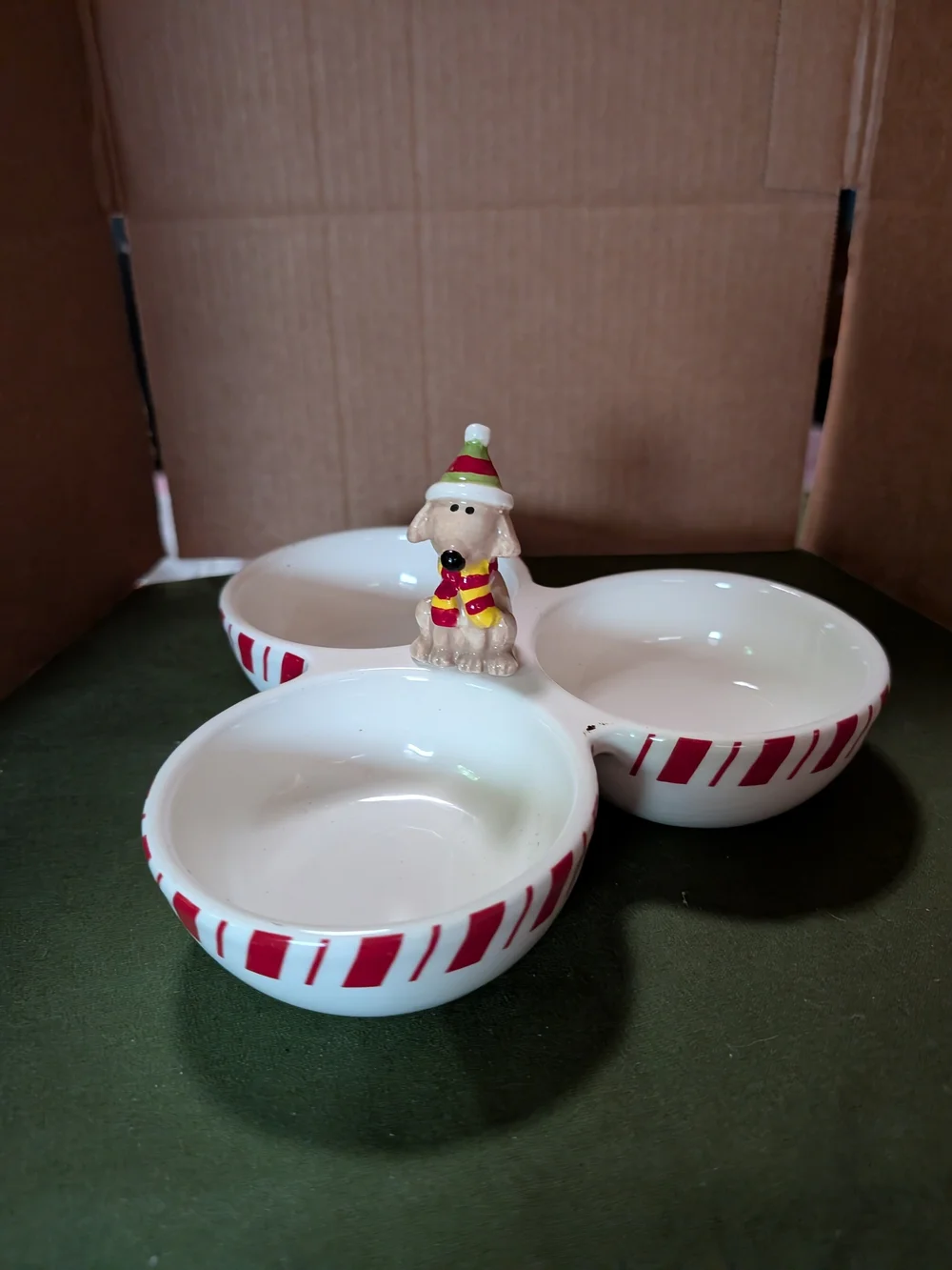 Ceramic Triple Treat Server with Festive Dog Accent - White and Red